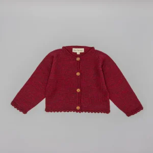 CHAQUETA GRANATE DE PUNTO CON BOTON JOYA SIN COTURAS EN LANA MERINO