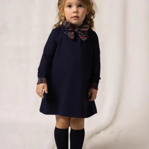 VESTIDO AZUL MARINO DE PUNTO CON LAZO A CUADROS